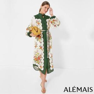 ALÉMAIS *NWT* Elisabetta Belted Forest Green/Cream Floral Linen Midi Shirt Dress